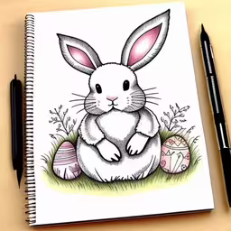 a handmade notebook with a bunny and eggs,a bunny sits in the grass with a painted eggs,a coloring book with a pencil and some stuff,a drawing of a bunny rabbit sitting down,a book with some markers next to a pencil