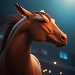a brown horse standing in front of a building