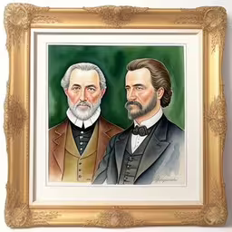 two men from a nineteenth century, portrait colored pencil and watercolor on paper,two men with beards wearing suits and coats