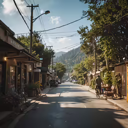 a view of an empty street in the mountains