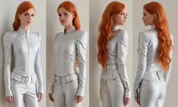 a red - haired woman is posed in all white leather outfits