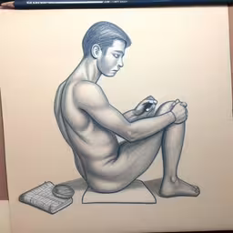 a pencil drawing of a man sitting down with his hands folded,a drawing of a man sitting on a piece of paper