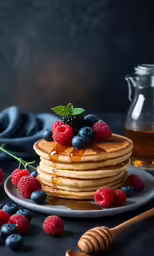 stack of pancakes with berries and honey on a plate