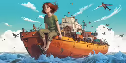 a child sits on a yellow boat that looks like a pirate ship