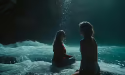 two people in the water with bubbles above