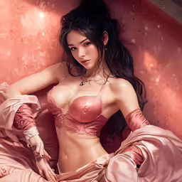 a very attractive girl wearing a pink lingerie with her arms folded