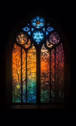 there is a bright stained glass window in the dark