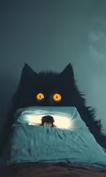 an animal in bed staring at a person through a hole in the pillow