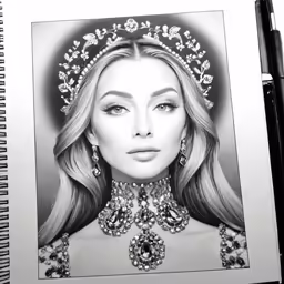 a woman with a tia and jewelry, on a notebook