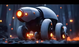 an animated robot riding with its head and legs illuminated by a flashlight