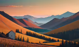 the landscape of a remote mountain range at sunset,an oil painting of mountains with a house in the middle