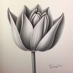 a drawing of a flower that is drawn in graphist,a drawing of a flower with its petals turned outward,an illustration of a flower with the stem on it,a drawing of a large white flower in black and white,a drawing of a large flower with lots of petals