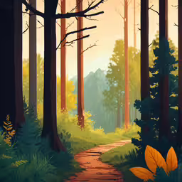 an illustration of a path through the woods to the forest,an illustrated path through the woods surrounded by tall pine trees