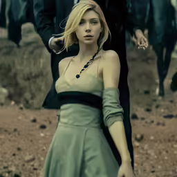 a girl in a dress is walking past several men