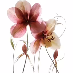 the two pink flowers have long stems and small leaves