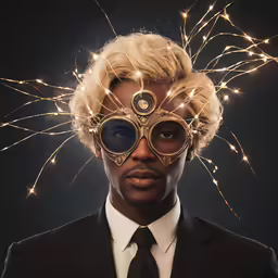 the man is wearing a large pair of shiny glasses