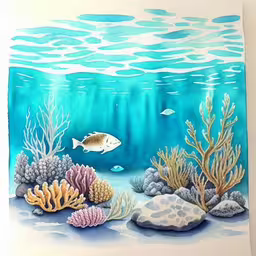 a drawing of a fish in a blue ocean,some sea animals and corals under some water,a painting with an underwater scene showing fish and coral,an underwater scene with coral, fish and seaweed,a painting of fish and some corals is hanging on a wall
