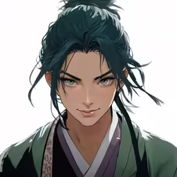 a guy with green hair and no eyes looks at something