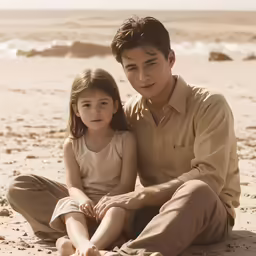 a couple of people are sitting on the sand