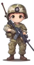 a little soldier holding a rifle and a weapon