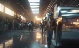 a person walks down a platform as others look on