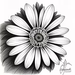 the detailed drawing of a daisy,a drawing of a black and white daisy