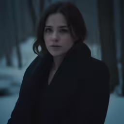 the woman is standing in front of some trees