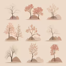a set of different trees with pink leaves