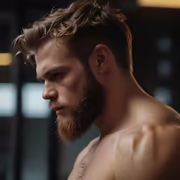 there is a man with a beard and no shirt on