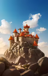 a castle on top of a hill with orange roof tops