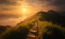 the sun is rising over a long path