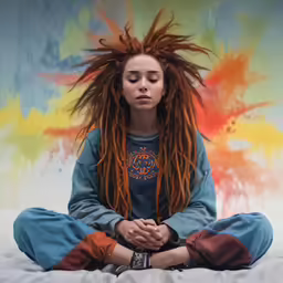 a young woman is meditating in the air with bright colored hair