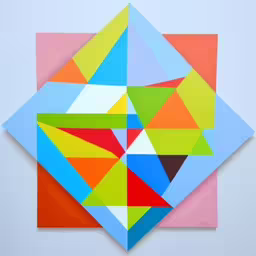 an abstract painting with different colors and sizes,an abstract painting with bright colors that resembles geometric shapes,this multi - colored abstract paper was folded to be cut and glued on to the wall,an abstract piece of art is shown in a frame,an art piece of colored shapes that has been made into a geometric structure