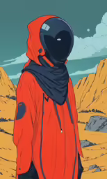 a man in an orange jacket, hoodie and cap