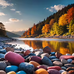 some rocks are laying on the shore in front of the water