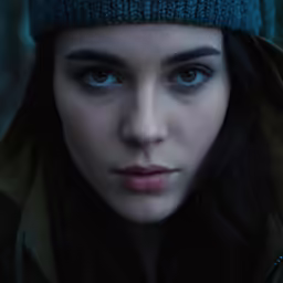 a girl with blue eyes is staring at the camera
