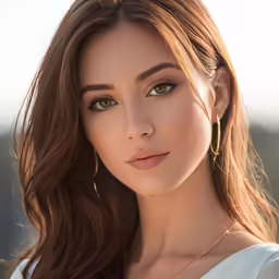 the woman is looking at the camera with a serious expression