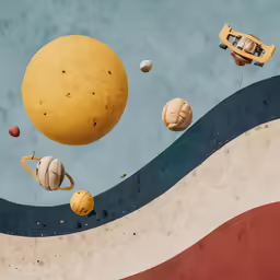 a painting of a yellow object floating with other objects