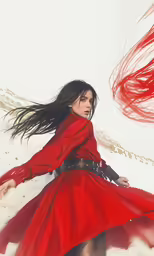 a woman wearing a red dress and holding her hair in her hand