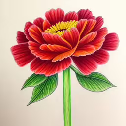 the drawing is done on the surface of the paper,a colorful drawing of a flower with green leaves,a red flower is shown with green stems,a drawing of a large flower with green leaves,a flower that is in a vase with green leaves