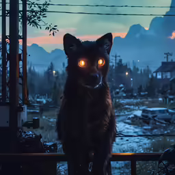 the monster cat is looking up at something glowing bright