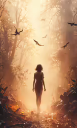 a woman is walking through a forest with lots of birds