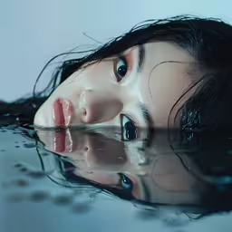 a close up of a person submerged in water,a woman is floating in the water with her face tilted upward