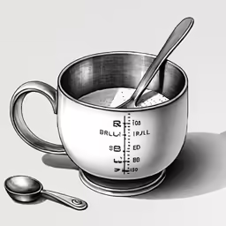 a drawing of some soup with a measuring tape and a spoon