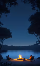 the two people sitting in lawn chairs sit around a fire