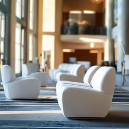 white furniture on a carpeted floor in a large room