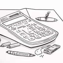 this is a drawing of an old calculator and some pens and pencils
