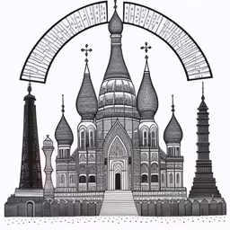 this drawing is very detailed and shows an architectural arch,an architectural drawing of a palace with four towers