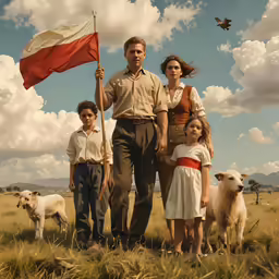 family holding the flag with birds flying in the background