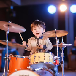 there is a small boy playing the drums